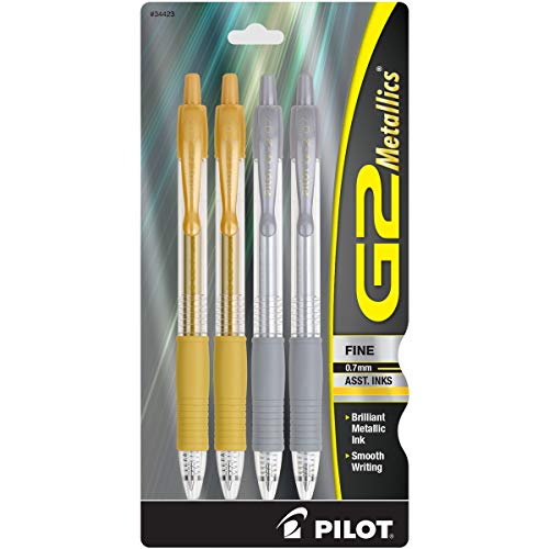 PILOT G2 Metallics Refillable & Retractable Rolling Ball Gel Pens, Fine Point, Gold Silver Inks, 4-Pack (34423)