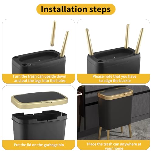 Image of Bathroom Trash Can 4 Gallon, Dog Proof Trash Bin with Press Top Lid, Black Office Waste Basket with Gold Edge, Tall Narrow Garbage Cans for Kitchen, Toilet, Living Room, Bedroom