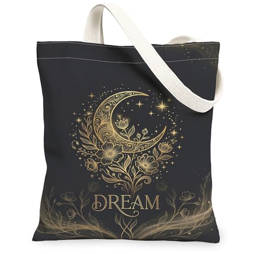 Moon - Bolsa de lona para mujer, bohemia, elegante, flores, estrellas, color dorado, lavable, reutilizable, pequeñas, ideas para viajes al aire libre, día de trabajo, lectura, 13 x 15 pulgadas