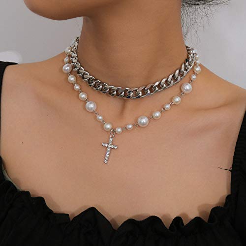 Pearl Cross Necklace for Women Silver Layered Crystal Cross Pendant Punk Chain Choker Necklace Dainty Jewelry2