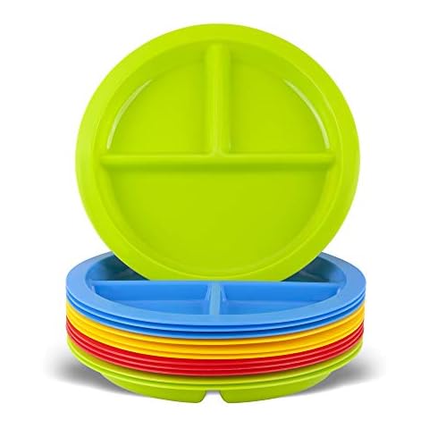 Plaskidy 3 - Compartment Divided Plates for Kids - Set of 12 Plastic Children Trays for Eating with Dividers - 4 Bright Colors (3 of Each Color) Dishwasher Microwave Safe BPA Free for Toddler and Kids Cover