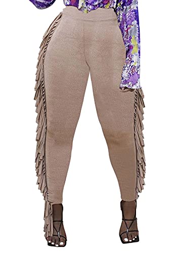 Vaceky Womens High Waist Tassels Pants Leggings Stretchy Fringe Pencil Pants