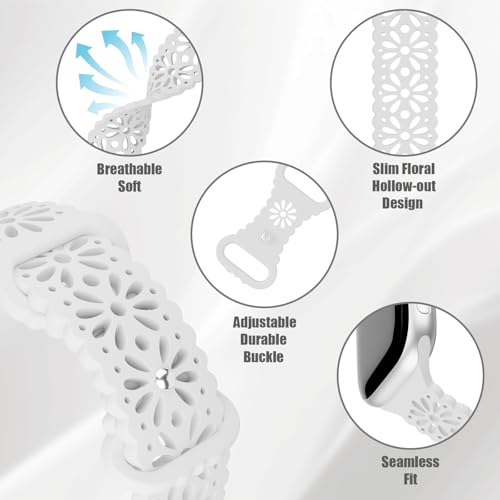 Image of 4 Pack Slim Lace Silicone Bands Compatible for Apple Watch 38mm 40mm 41mm 42mm 44mm 45mm 46mm 49mm, Thin Hollow-out Floral Breathable Strap for iWatch Series 11 /10 /9 /8 /7 /6 /5 /4 /3 /2 /1Ultra SE Women Men