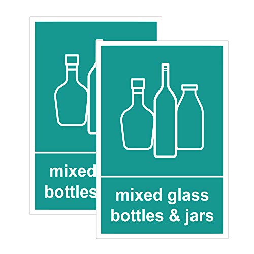 Pack of 2 Mixed Glass Bottles & Jars Recycling Bin Sticker-Self Adhesive Bin Labels (or) decals(A6-150 x 100 mm) Sara Prints V1064
