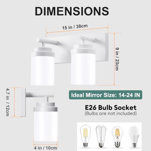 Image of IZORRO Bathroom Light Fixture White, White Glass Shade 15-Inch 2-Light