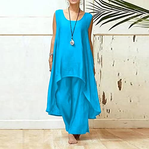 Womens Cotton Linen Tracksuit 2 Piece Set Sleeveless Tops Wide Leg Pants Sets Oversize Casual Linen Tracksuit Outfits #TOP2
