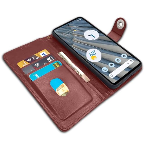Image of Pikkme Google Pixel 7A Flip Cover Leather Finish | Inside TPU with Card Pockets | Wallet Stand and Shock Proof | Complete Protection Button Flip Case (Brown)