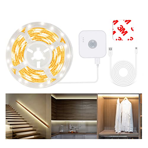 Image of Motion Sensor LED Light Strip with Dual Power Supply and Auto Shut-Off Timer, Night Light, 9.84ft Motion Activated Waterproof LED Strip Light for Kitchen, Cabinet, Bedroom, Shelf, Bed Warm White 2700K