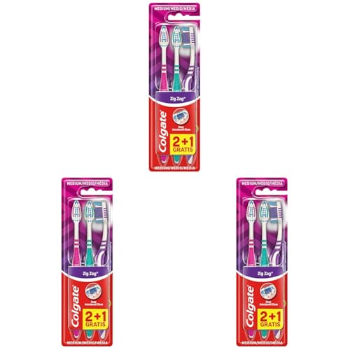 Colgate ZigZag Cepillo de Dientes Dureza Media, Pack 3 Uds, Limpieza Interdental Profunda, Limpiador de Lengua, Elimina Bacterias Causantes del Mal Aliento, Confort y Suavidad de las Encías