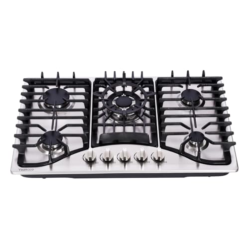 Yeakcco 30 Inch Gas Cooktop, 5 Burners Stainless Steel Built-in Stovetop Propane/Natural Gas...
