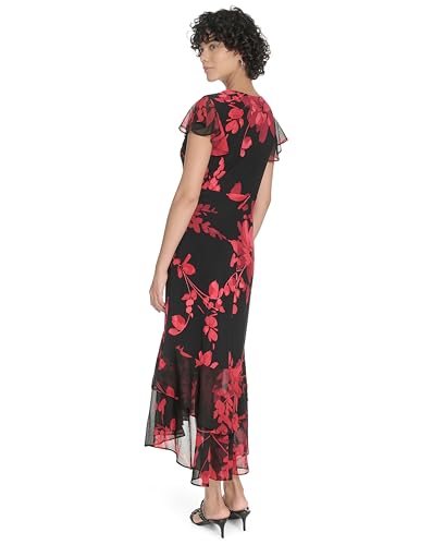 Image of Tommy Hilfiger Women's Flutter Sleeve V-Neck Ruffle Trim Hi-Lo Midi Dress