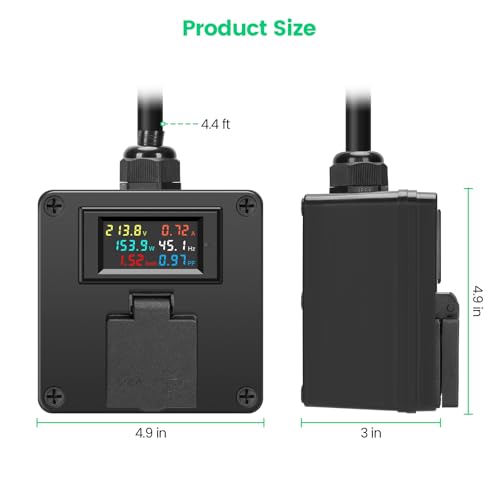 Image of AC Power Meter with Color LCD Display and NEMA L6-30 Plug, 120-240V 30A, Real-Time Voltage, Current, Energy, Frequency, Power Factor Monitoring, Includes Waterproof Cover