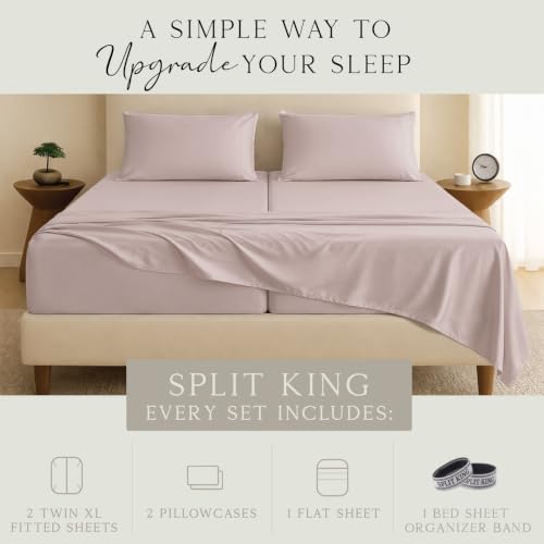 Image of KARISSA MAE Luxury Bamboo Viscose Split King Size Sheet Set, FSC Certified | Includes 2 Twin XL Fitted Sheets | Sleep Number & Adjustable Bed | Cooling | 18 inch Deep Pocket w / Corner Straps [Dusty Rose]