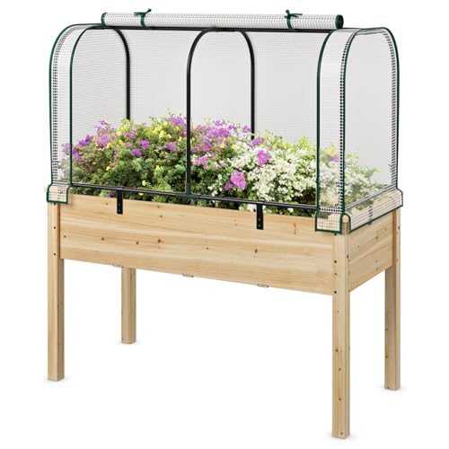 Happygrill Raised Garden Bed with Greenhouse Cover, Raised Bed with Legs & Drainage Holes for Herbs, Vegetables, Outdoor Wood Elevated Planter Box for Patio, Backyard, Balcony (White+Natural)