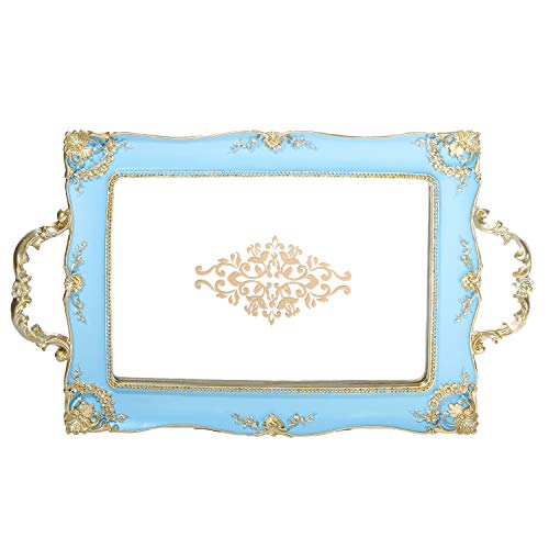 Vanity Blue Serving Mirror Ornate Tray with Gold Corner, Makeup and Jewelry Organizer, Gold Edge Storage Tray for Dresser, Bathroom, Bedroom Kitchen Table Top Home Decorative Ornament