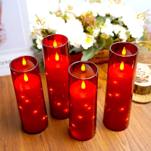 Image of Flameless Candles,with Embedded Star String, Battery Operated Candles Flickering LED Pillar Candles with Remote Control and Timer, Home Decoration Add a Warm and Romantic Atmosphere,Set of 7 (Red)