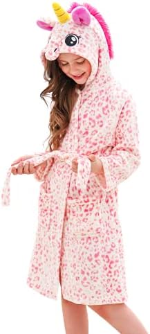 Doctor Unicorn Soft Unicorn Hooded Bathrobe Sleepwear - Unicorn Gifts for Girls (Pink Leopard, 7-9 Years)