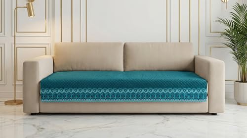 Image of Velvet Quilted Sofa Cover Mat Seat & Back, L Shape 3+2, Main L69in Chaise L46in H32in, Peacock Blue Color,Anti Skid Backing, 6in Hanging Strap Design, Style -PeacockBlue-L32