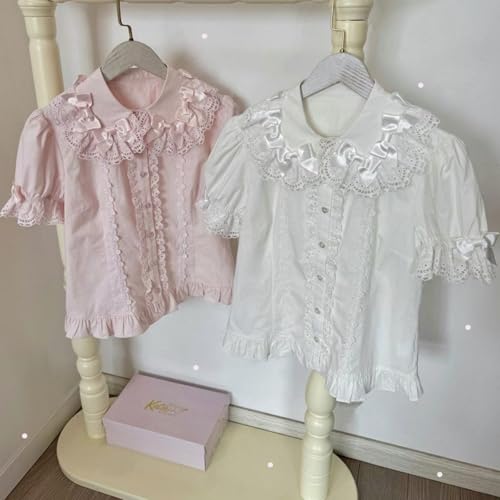 Lolita Shirts Kawaii Cute Clothes Blouse Lace Short Jirai Kei Fashion Puff Sleeve Shirt Ruffle Top Bow Cutecore3