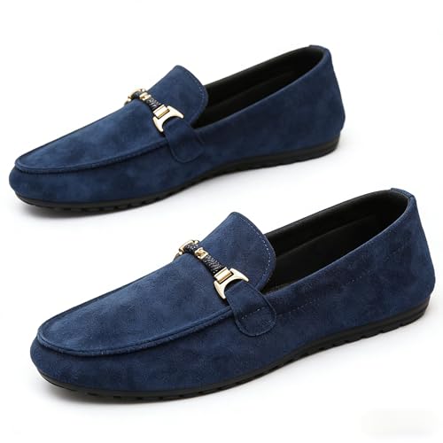 Men's Suede Driving Moccasins Slip On Loafers Comfortable Casual Dress Shoes Breathable Leather for Business (Blue,10.5)
