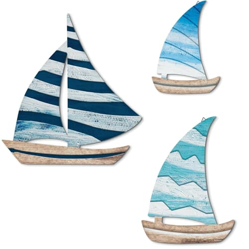 WUBAYI Juego de 3 piezas de decoración de pared de velero, estilo náutico, aspecto de madera, decoración de pared para sala de estar, dormitorio, baño, pasillo, casa de vacaciones, color azul