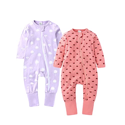 Image of BeiVSlley Infant Baby Boys Girls 2-Way Zip Front Cartoon Print Jumpsuit Romper Toddler Footless Long Sleeve One Piece Outfits,Red+Purple,3-6M
