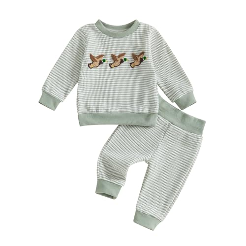 Image of fhutpw Baby Toddler Boy Girl Fall Winter Clothes Embroidery Stripe Pullover Pants Sets Infant Long Sleeve Sweatshirt Outfits