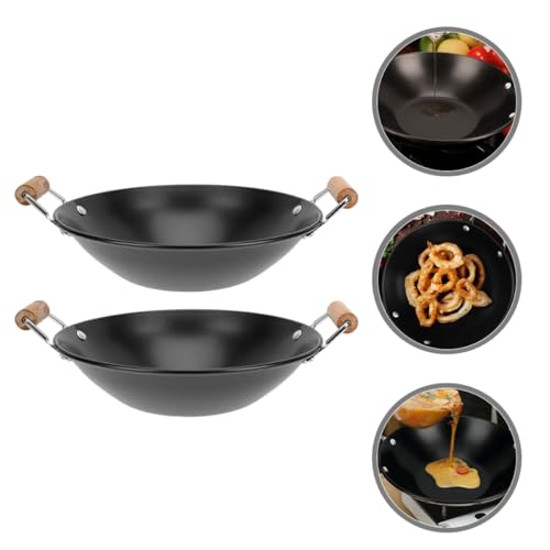 Cabilock 2pcs pequeño wok de acero inoxidable con mango doble de madera miniatura 3