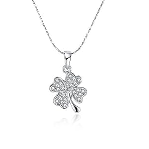 Platinum plated Four Leaf Clover Pendant Necklace, Heart Leaves Paved with Cubic Zirconium Diamond Gift for Women Ladies 18″+2″ extension chain