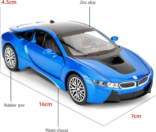 Image of 1:32 BMW i8 Diecast Toy Car Pull Back Metal Car with Openable Doors Sound & Light Features Realistic Kids Gift & Collectible Model for Boys & Girls (Blue)
