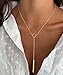 TITUTHIA Lariat Gold Necklaces for Women Trendy, Dainty Long Necklace Y-Shaped Necklace 14k Gold Plated Circle Bar Pendant Necklace Drop Gold Chain Necklace Non Tarnish Fashion Jewelry Gift Prom