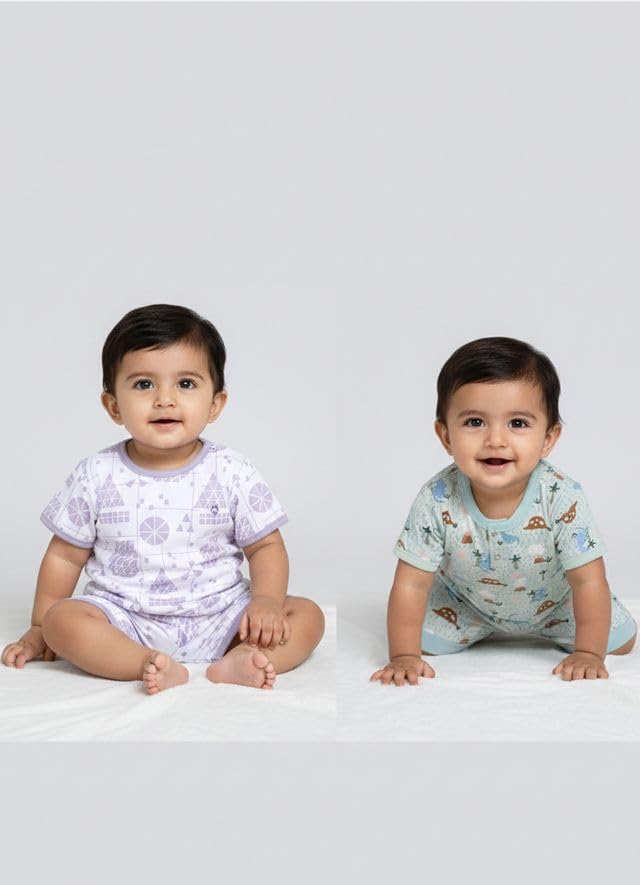 Image of Baby Girls 100% Cotton Printed Half Sleeve T-shirt & Short Summer Clothing Sets (Pack Of 2)