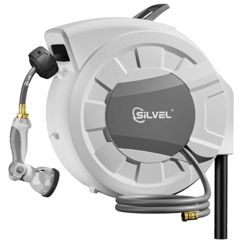 Image of SILVEL Automatic Retractable Garden Hose Reel on Metal Spike, 5 /8 in x 65ft Ground Mounted Outside, UV Resistant with 10 Pattern Nozzle, 360 Swivel, No Holes in Your House, Easy Installation