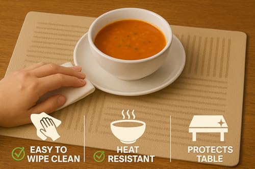 Image of YELONA Leather Dining Table Placemats Set of 2 - Waterproof, Heat Resistant, Anti-Slip, Easy to Clean Table Mats for Dining Table, Kitchen & Home Decor (Tan Beige, 40 x 30 cm)
