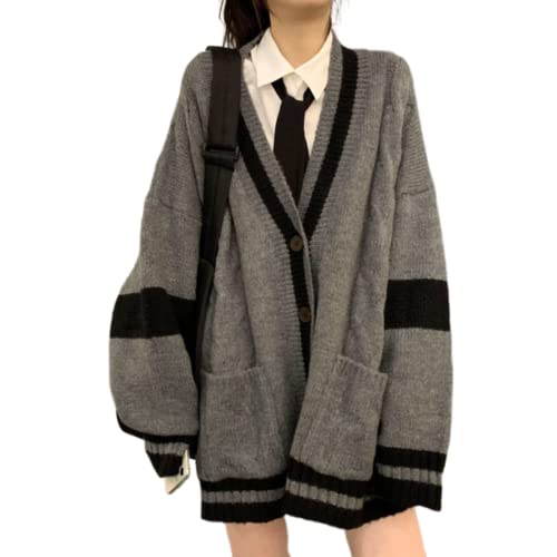Image of Women's Harajuku Korean Style Loose V-Neck Button Knit Cardigan Preppy Jacket Gray