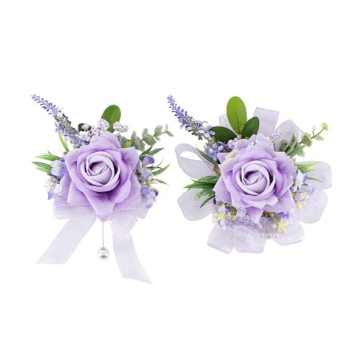 Yelinart Purple Corsage and Boutonniere Set Corsage Wristlet for Women and Boutonniere for Wedding Prom Homecoming Artificial Rose Flowers Boutonniere and Wrist Corsage