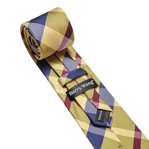 Image of Barry.Wang Plaid Ties for Men Silk Necktie Handkerchief Cuff Links Set