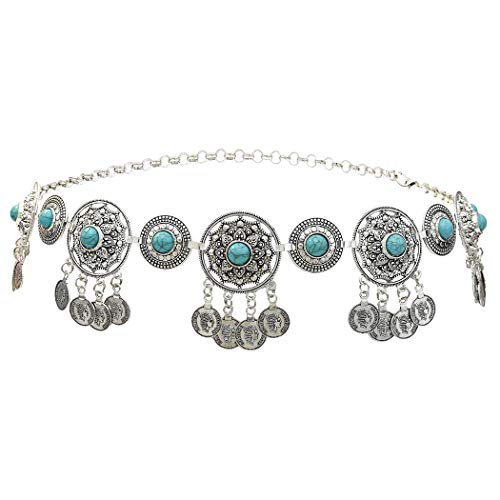 idealway Summer Beach Carved Flower Tribal Gypsy Silver Coin Tassel Waist Chain Beads Natural Turquoise Belly Body Chain (Flower)