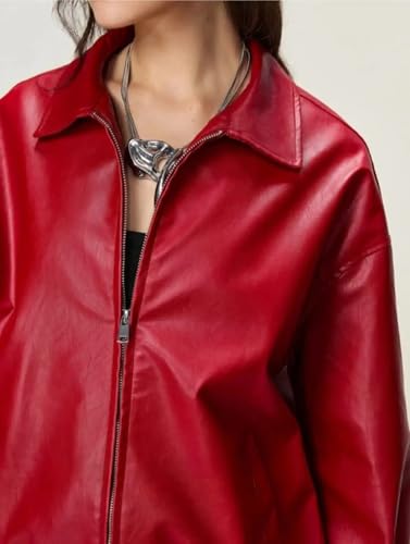 Image of Red Faux Leather Jacket for Women, PU Leather Biker Style Zip-Up Outerwear, Casual Party Winter Wear