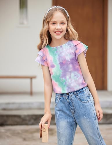 Image of Girls T Shirts Ruffle Short Sleeve Round Neck Loose Blouse Summer Solid Color Casual Girl Tee Tops for 3-12 Years