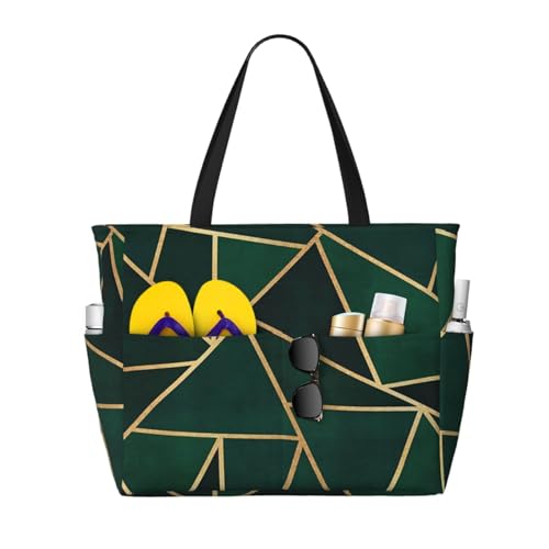 Grand sac de plage sac à bandoulière femme fourre-tout vert et or