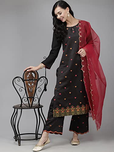 Image of INDO ERA Women's Embroidered Viscose Straight Kurta With Pant & Dupatta Set (KH9BK9175)