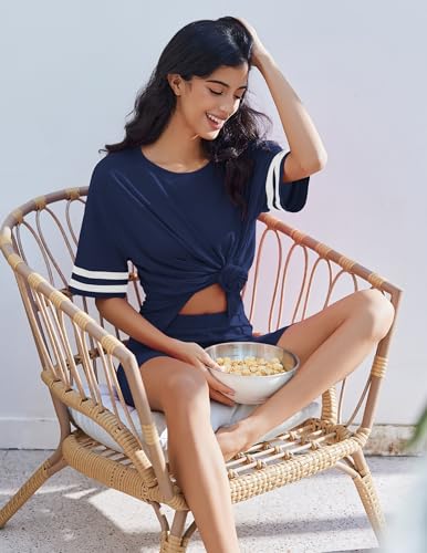 Image of Ekouaer Womens Pajamas Casual 2 Piece Short Sleeve Biker Shorts Lounge Set