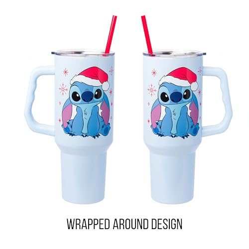 Image of Silver Buffalo Disney Lilo and Stitch Christmas Holiday Santa Hat and Snowflakes Double Walled Stainless Steel Tumbler with Handle and Straw, Fits in Standard Cup Holder, 40 Ounces