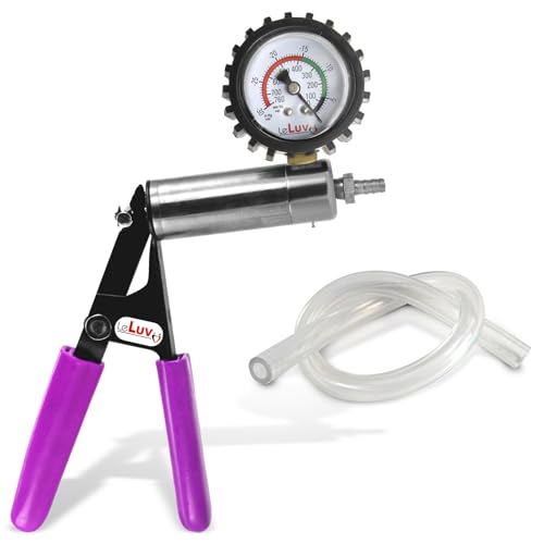 LeLuv Ultima Purple Vacuum Pump - Aluminum Alloy Silver Handle Manual Hand Vacuum (0-30 Hg, 0-760 mmHg), Gauge Installed with Protective Rubber Cover, Silicone Padded Grips with Clear Hose