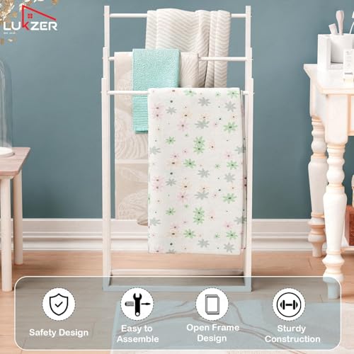 Image of Lukzer Premium Metal Towel Rack | 3-Bar Sturdy Free-Standing Garment Organizer Stand | Multi-Functional & Versatile for Towels, Clothes, and Accessories (MGS-007 /White /45x22x85 cm)