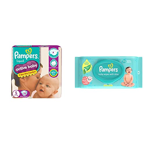 Image of Pampers Active Baby Taped Diapers, Small size diapers, (S) 22 count, taped style custom fit & Pampers Baby Aloe Wipes with Lid, 72 Wipes
