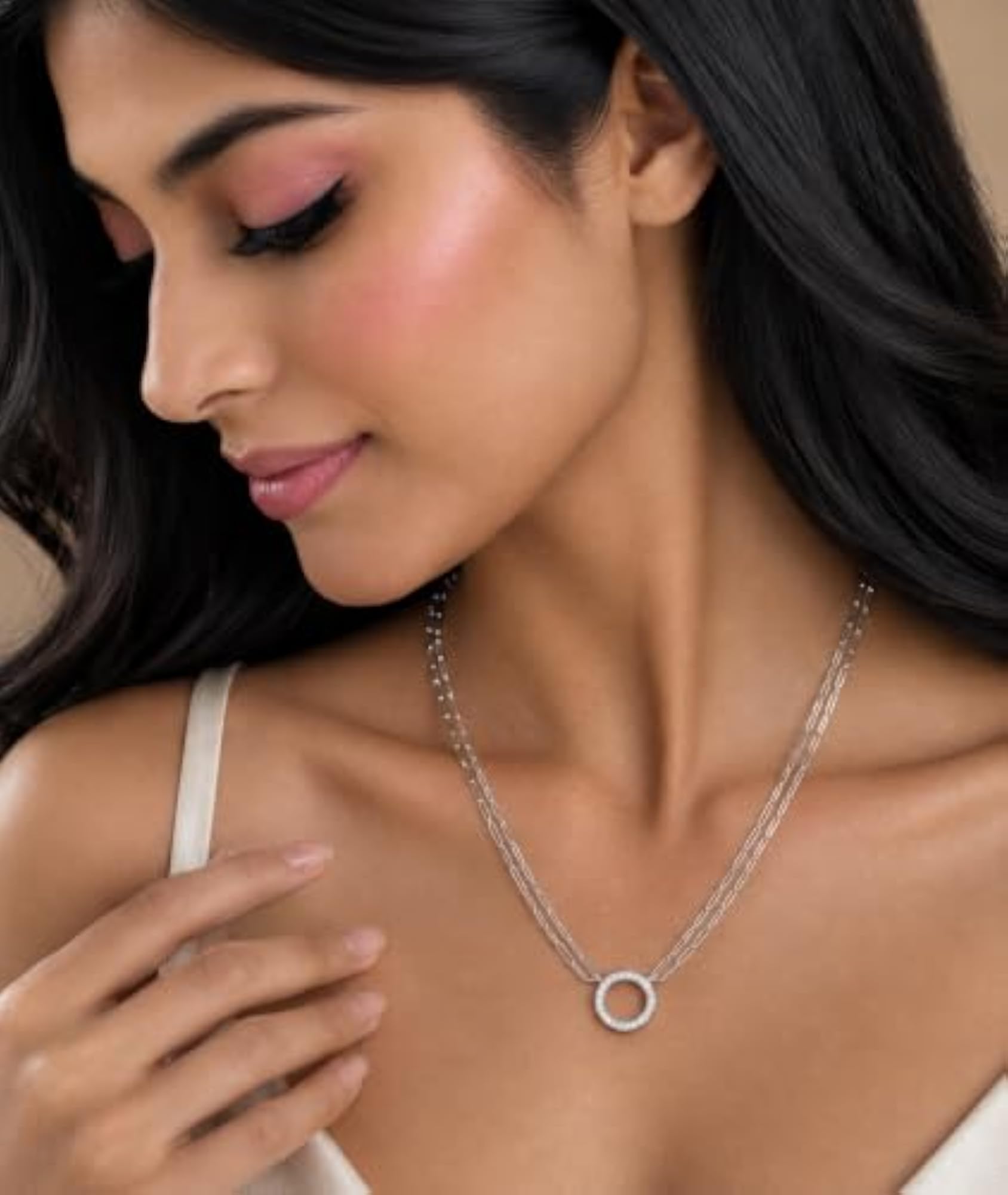 Sterling Silver 925 Women's Circle Pendant Double Chain Necklace
