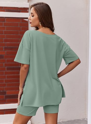 Image of Ekouaer Womens Pajamas 2 Piece Lounge Sets Oversized V Neck T-Shirts Tops Biker Shorts Set Workout Reversible Tracksuit S-XXL