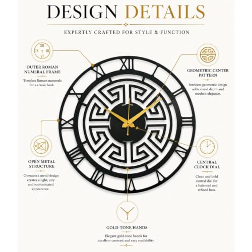 Image of 40 cm Metal Wall Clock | Silent Non-Ticking Skeleton Wall Clock | Modern Black Iron Analog Clock for Living Room, Bedroom, Hall, Office & Home Decor (Design-8)